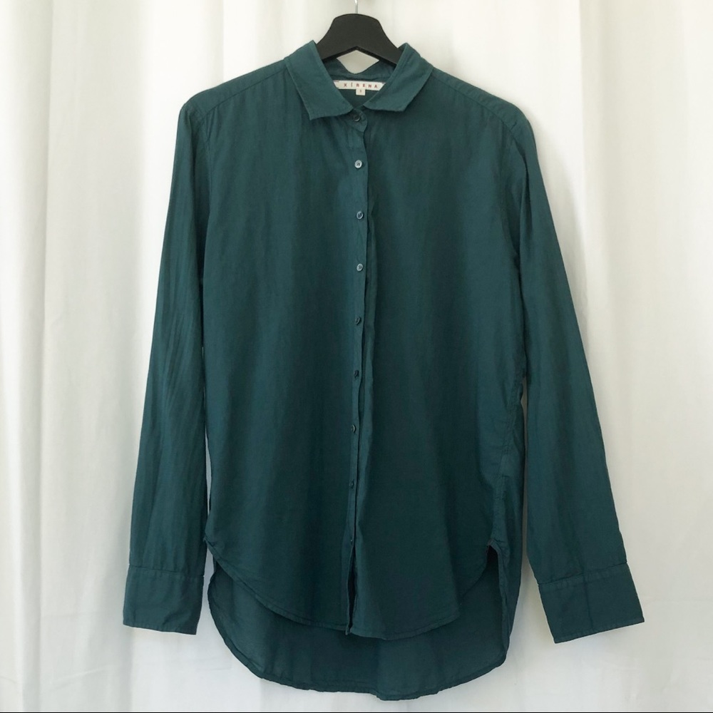 XIRENA GREEN COTTON COLLARED BUTTON-DOWN TOP